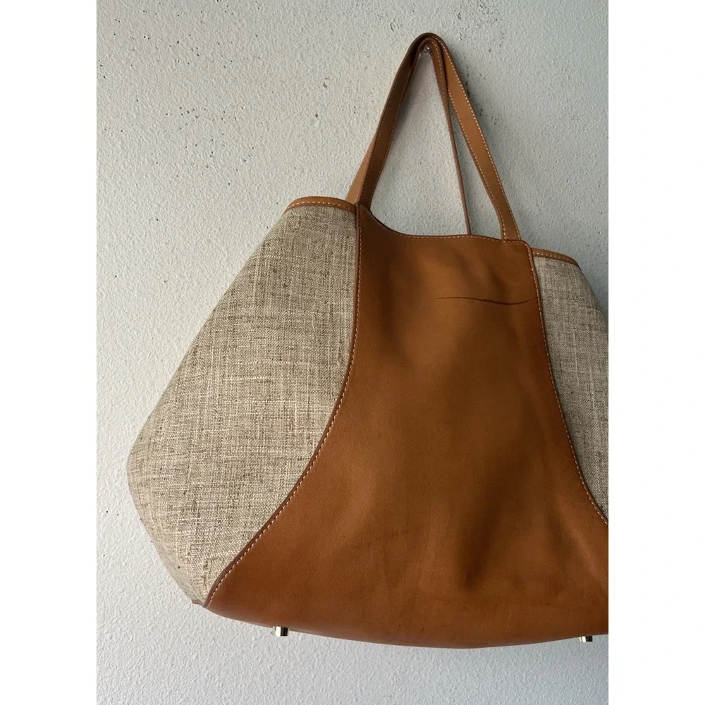 J. McLaughlin Tan Leather and Beige Canvas Hobo Bag